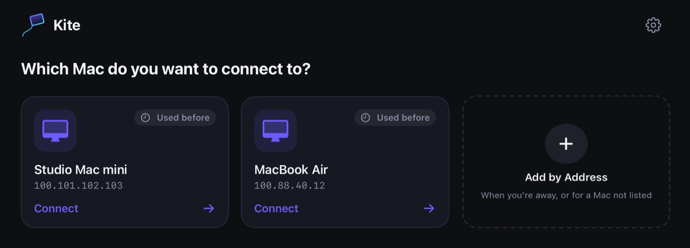 Kite for iPad: two Macs used before, Studio Mac mini and MacBook Air, shown as cards with a Connect button, and a card to add a Mac by address